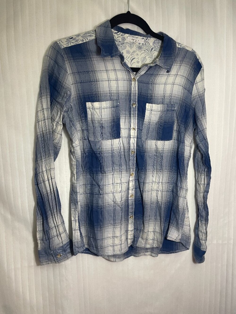 Maurices Women’s Medium Blue Plaid Button-Up Shirt Floral Back Long Sleeve